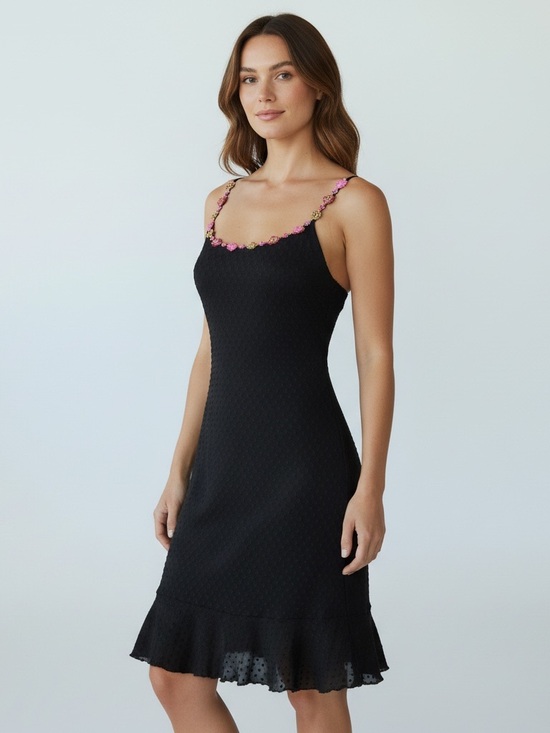 Betsey Johnson Dresses & Skirts - vtg Betsey Johnson size M y2k whimsical goth black stretch slip dress swiss dot